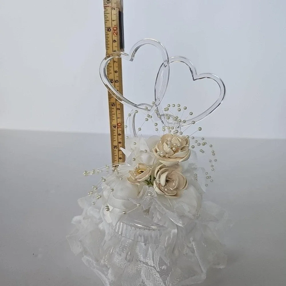 Vintage Wedding Cake Topper Double Heart Acrylic Lace‎ Faux Pearl Bridal Decor